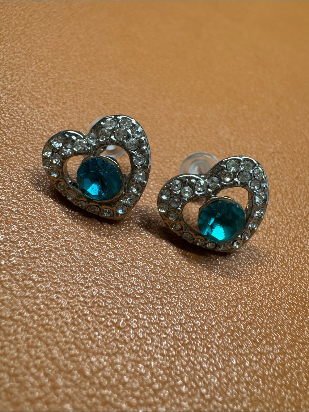 Heart Crystal Stud Earrings in Teal and Silver